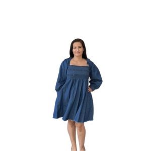 En Saison ruffled denim minidress. Great fit for all sizes!